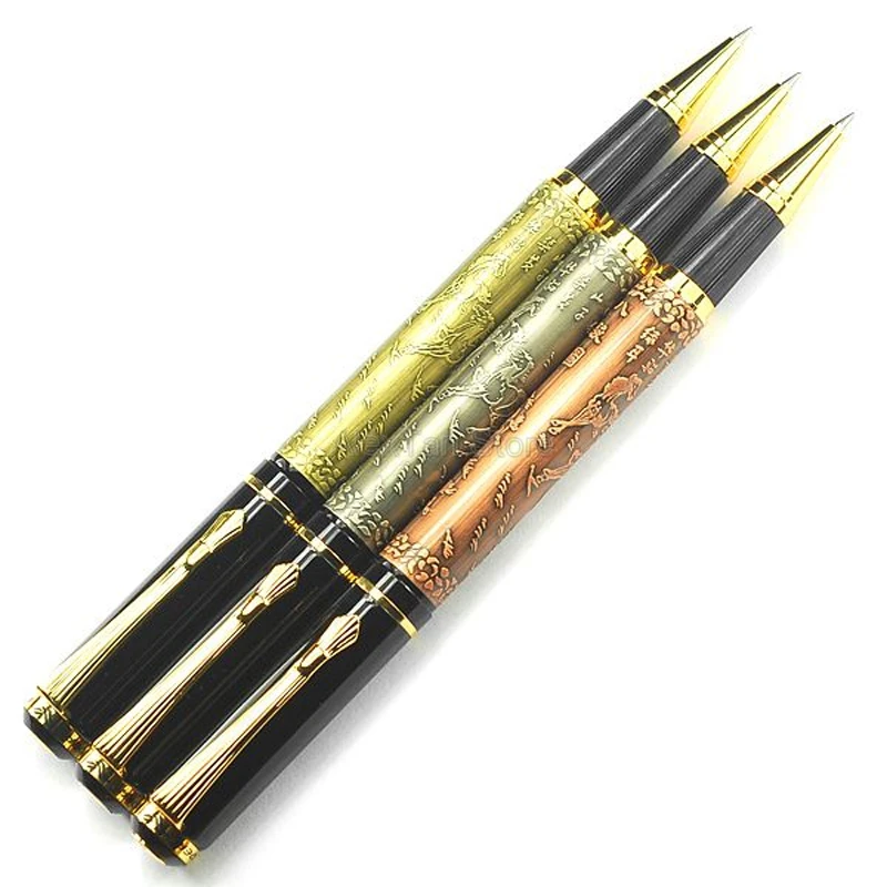 3 X Baoer 507 Metal High Grade Roller Ball Pen Running Horses Pattern Bronze/Red Copper/Gray Color For Writing Pens