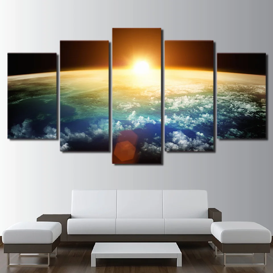 

Wall Art Canvas Painting Pictures HD Prints 5 Piece Sun Rising Over Earth Poster Universe Space Framework Home Decor Living Room