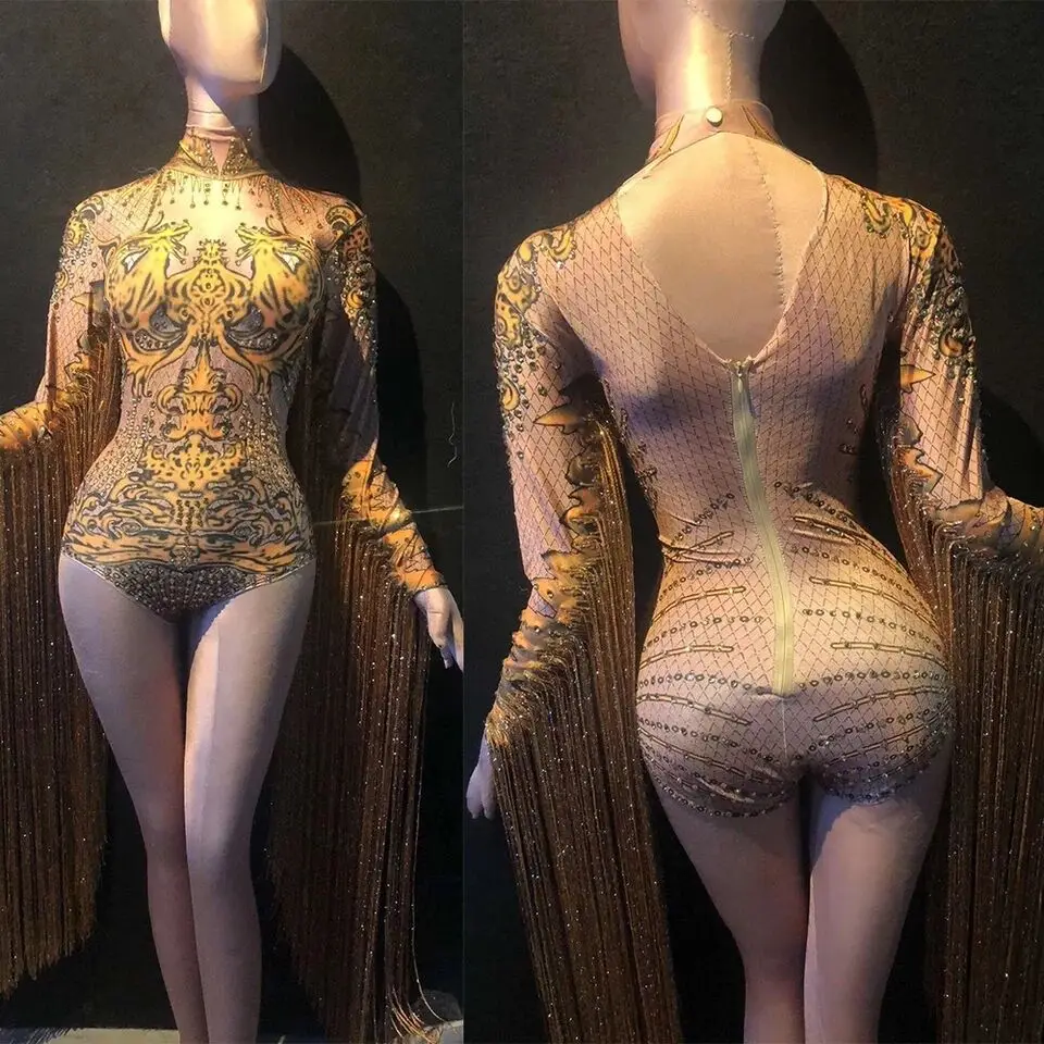 

Sparkly Rhinestones White Tassel Bodysuit for Women Nightclub Sexy Dance Costume DJ Dancer Singer Performance Show Stage Wear