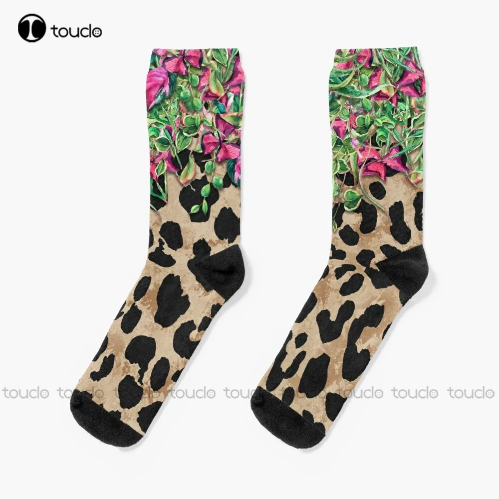 Wild Vines Floral Leopard Cheetah Drip  Socks Youth Socks Unisex Adult Teen Youth Socks Personalized Custom 360° Digital Print