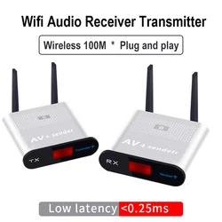 WIFI Wireless Audio Transmitter Receiver 100M long distance Low latency Adapter 3.5 Aux and RCA AV Sender Plug and Play WR380