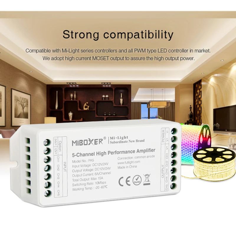 Miboxer PA4 4-Channel PA5 5-Channel High Speed Performance LED Strip Amplifier RGBW LED Controller 12V-24V Strong Compatibility