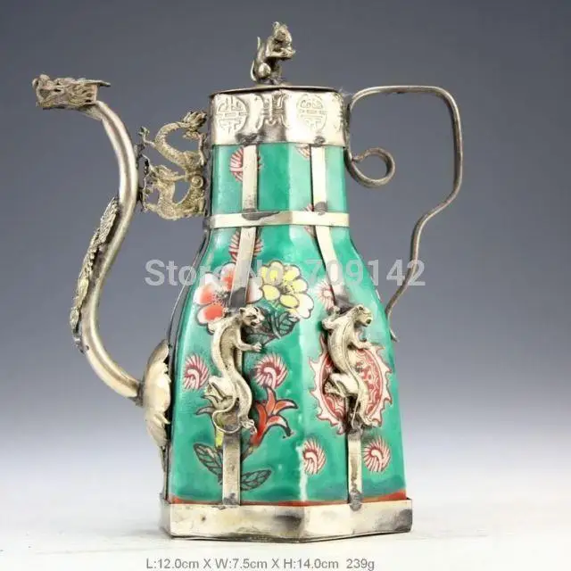 

Decoration crafts art Miao Silver Oriental Vintage Handwork Porcelain Dragon Teapot Tibet Miao Antique Old Silver