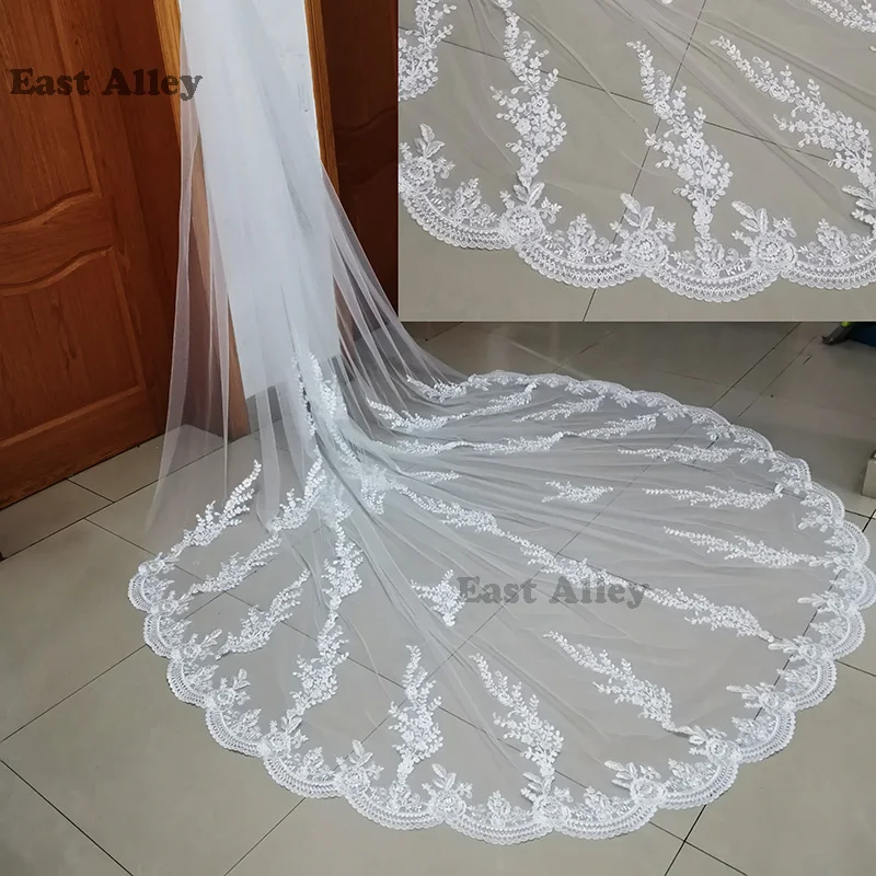 Foto Asli Tulle Applique Katedral Pernikahan Kerudung Pengantin Kerudung Renda Kerudung Putih Gading dengan Sisir Kerudung Aksesoris Pernikahan