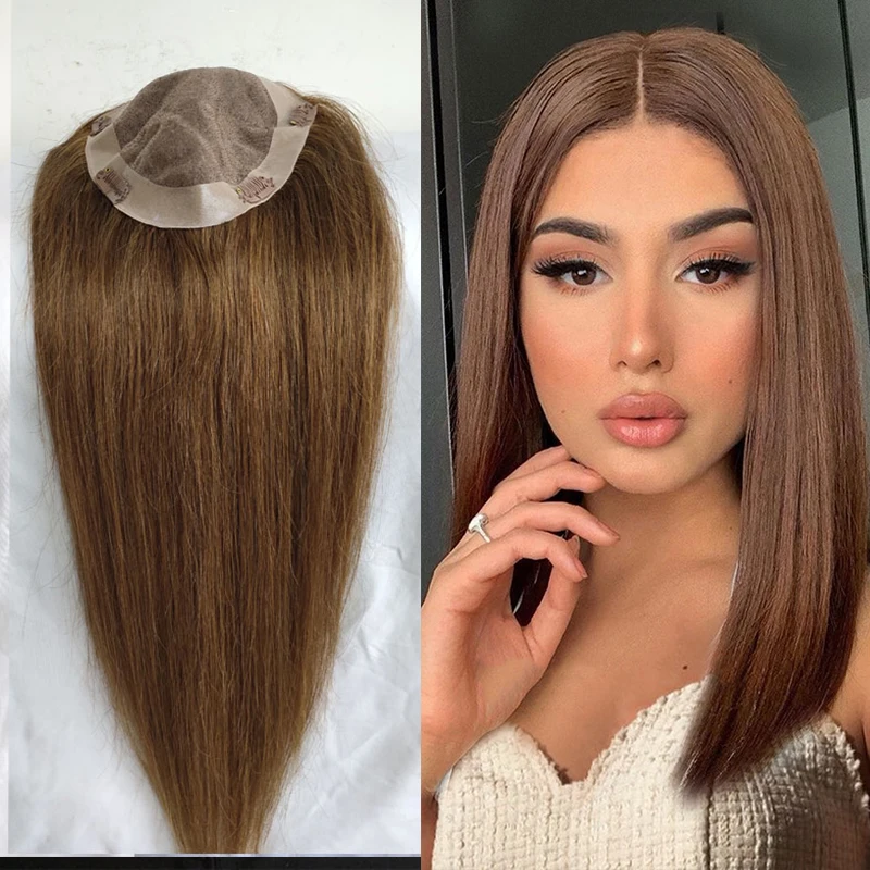 

Natural Brown Remy Human Hair Topper Wig For Women Mono Skin Base With PU Clip In Hair Toupee Remy Hairpiece for Jewish Kosh