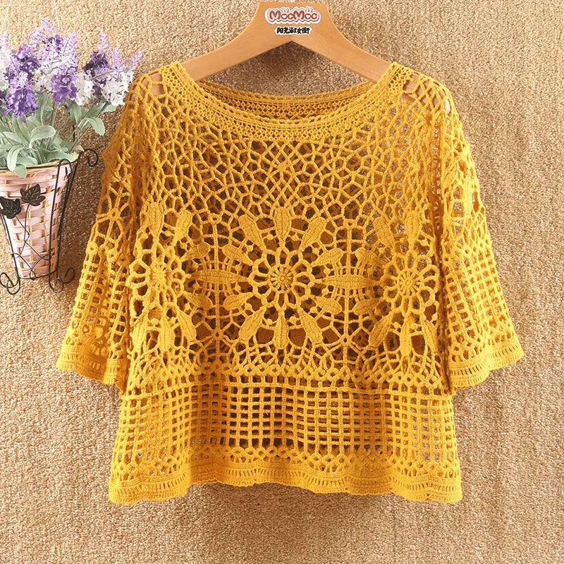 Lace hollow crochet short women\'s spring/summer 2023 fashion new sweater loose blouse with western style casual all-match