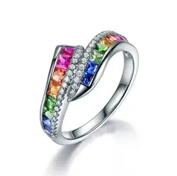 Elegant New Trendy Ladies White Filled Multicolor Rainbow AAA Zircon Wedding Engagement Rings Jewelry Whole Sale