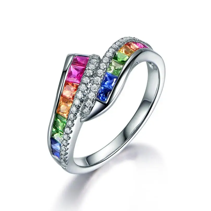 Elegant  New Trendy Ladies White  Filled Multicolor Rainbow AAA Zircon Wedding Engagement Rings Jewelry Whole Sale