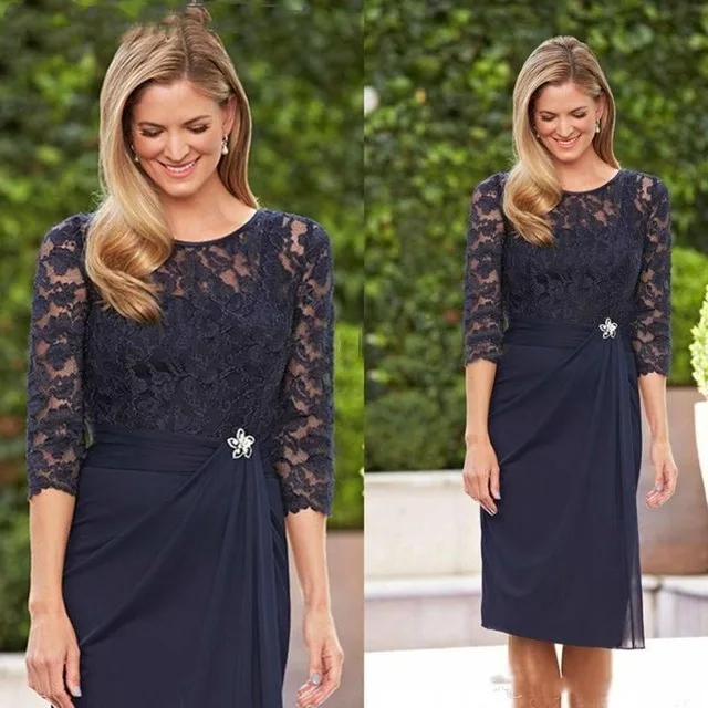 

Navy Blue Mother Of The Bride Dresses Sheath 3/4 Sleeves Knee Length Chiffon Lace Groom Short Mother Dresses For Wedding