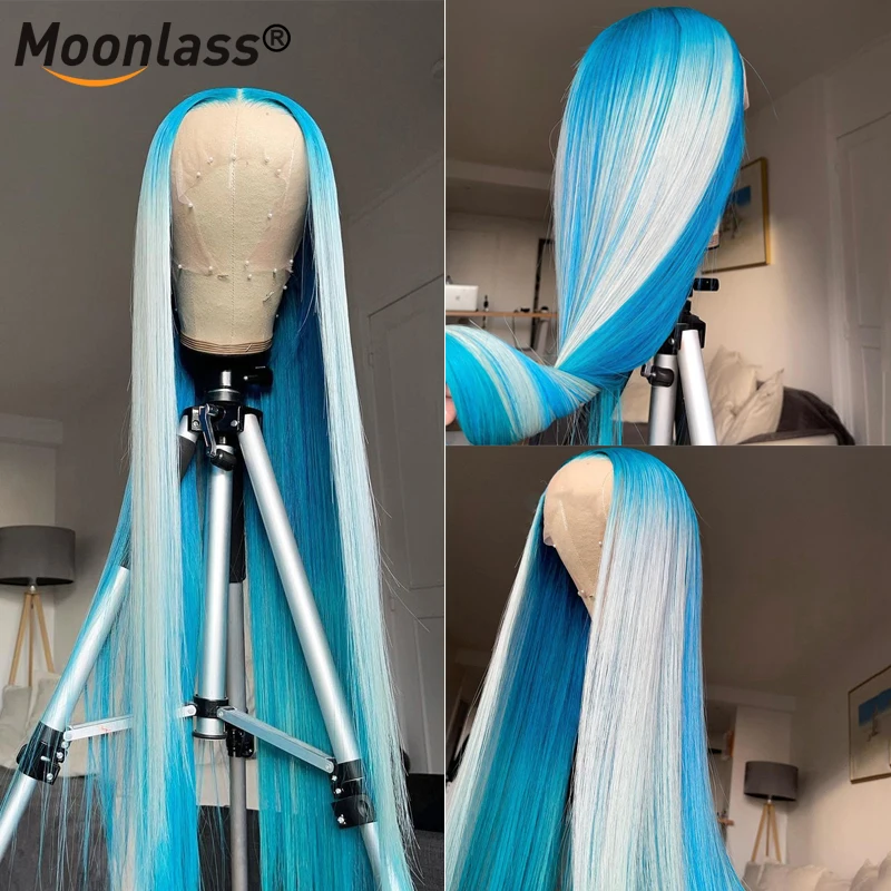 30 Inch Lace Front Human Hair Wigs Blue Highlight Wig HD Transparent Lace Frontal Human Hair Wig Platinum Blonde Straight Wig