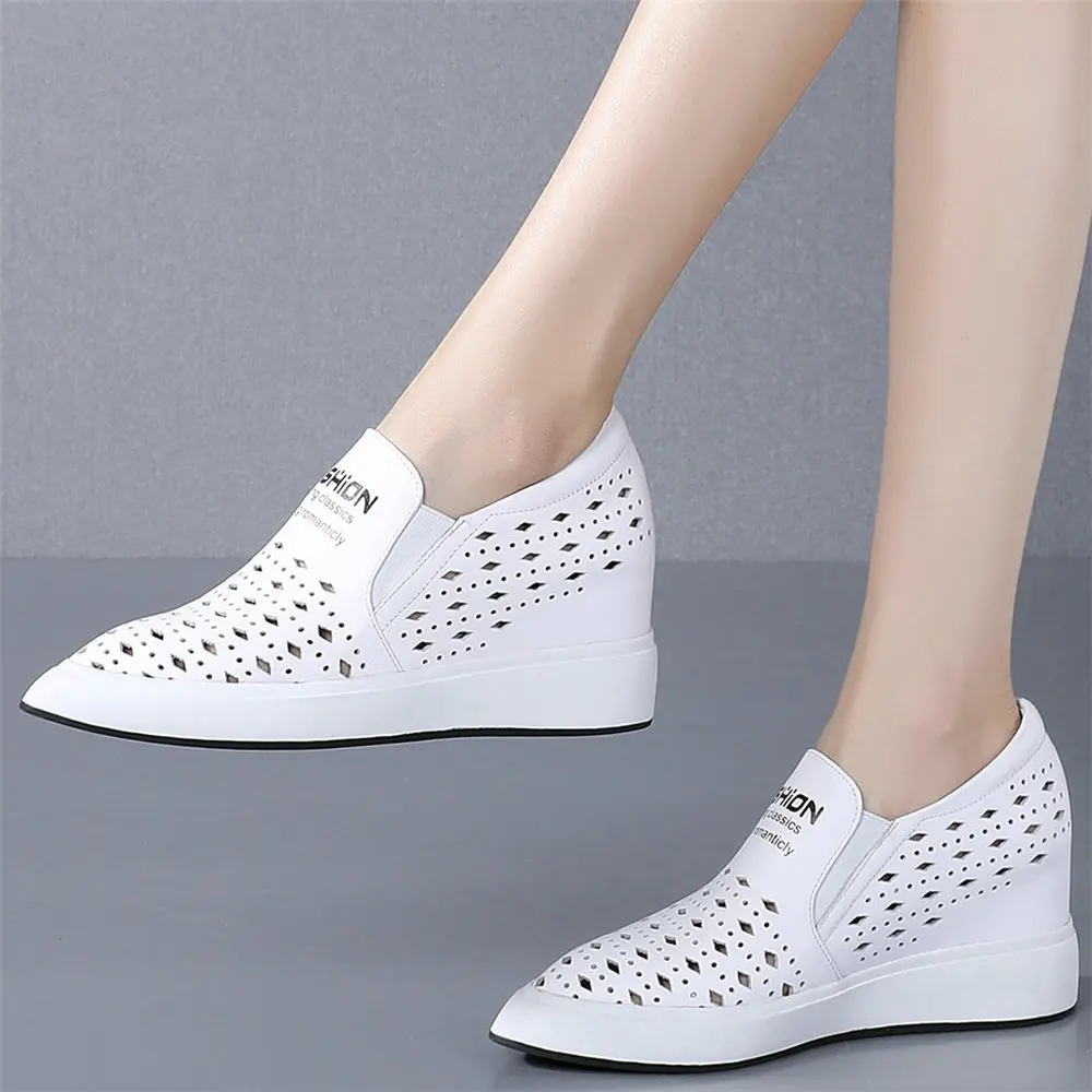 Casual Shoes Women Hollow Genuine Leather Wedges High Heel Ankle Boots Female Round Toe Fashion Sneakers Summer Platform Loafers