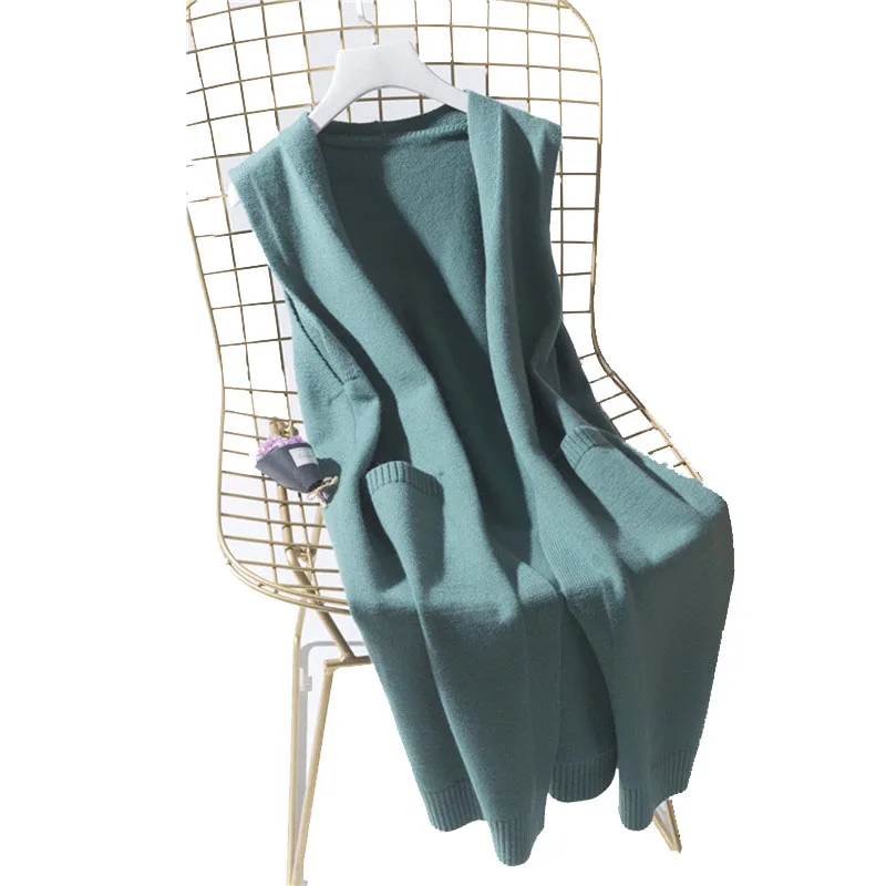 Colete de malha longa sem mangas feminino, casaco de lã sólida, suéter feminino com decote em v, colete de inverno, moda coreana, primavera, 2022
