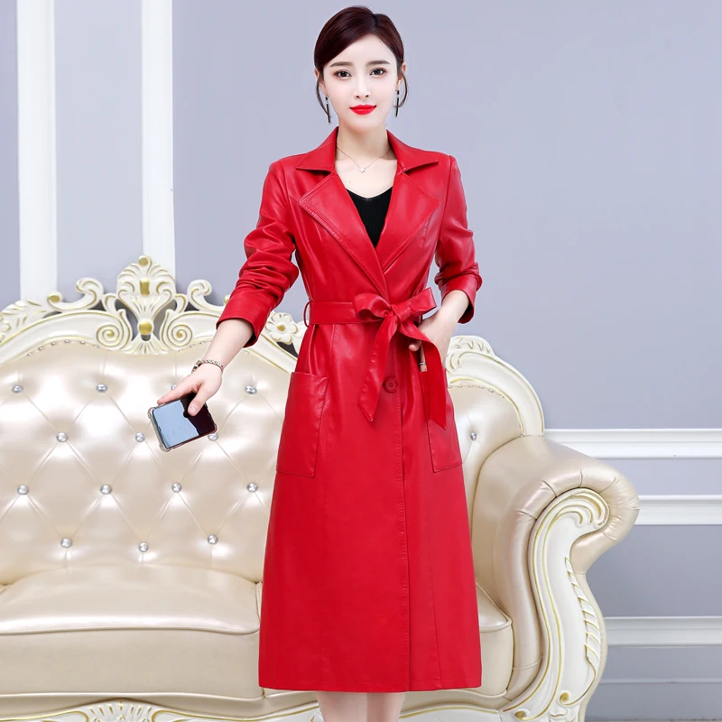 Spring Women's Genuine Leather Suit Collar Long Jacket New Autumn Ladies Slim Belt Windbreaker Trend Outerwear Lady Trench Coat