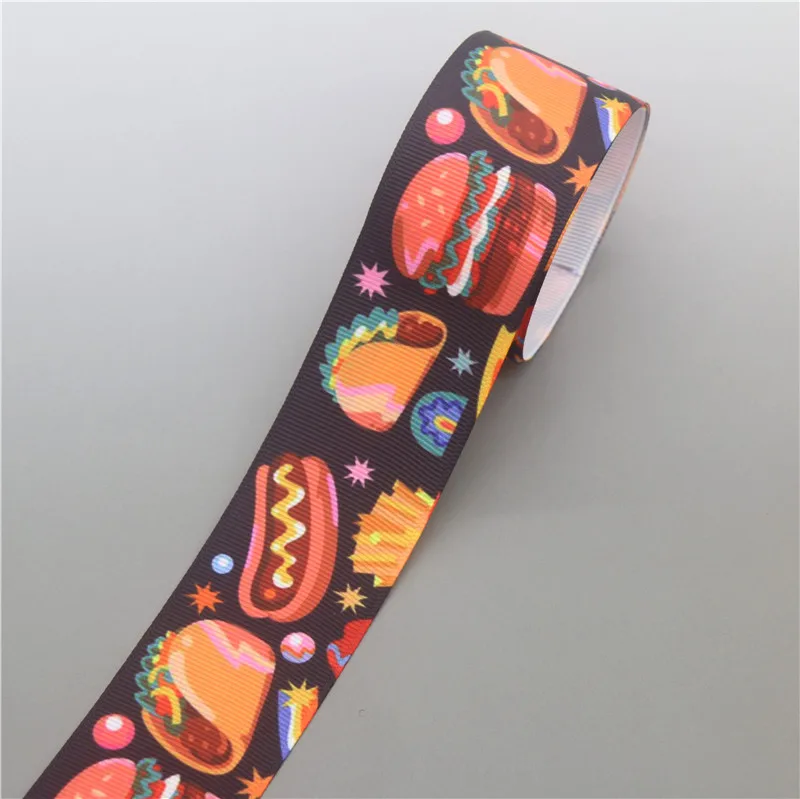 DUWES 1.5'' 50yards cupcake hamburger fruit Printed Grosgrain Ribbon Accessory bows Headwear Decoration DIY Wholesale 38mm D1327