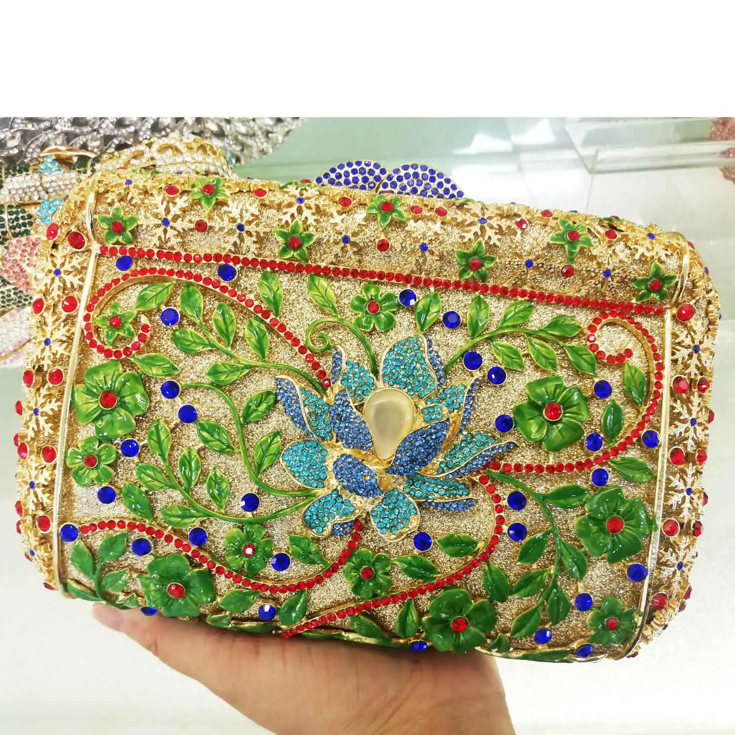

Green Floral Women Party Purse Luxury Crystal Clutch Bags Flap Box Female Pochette Evening Bags Wristlets 2117