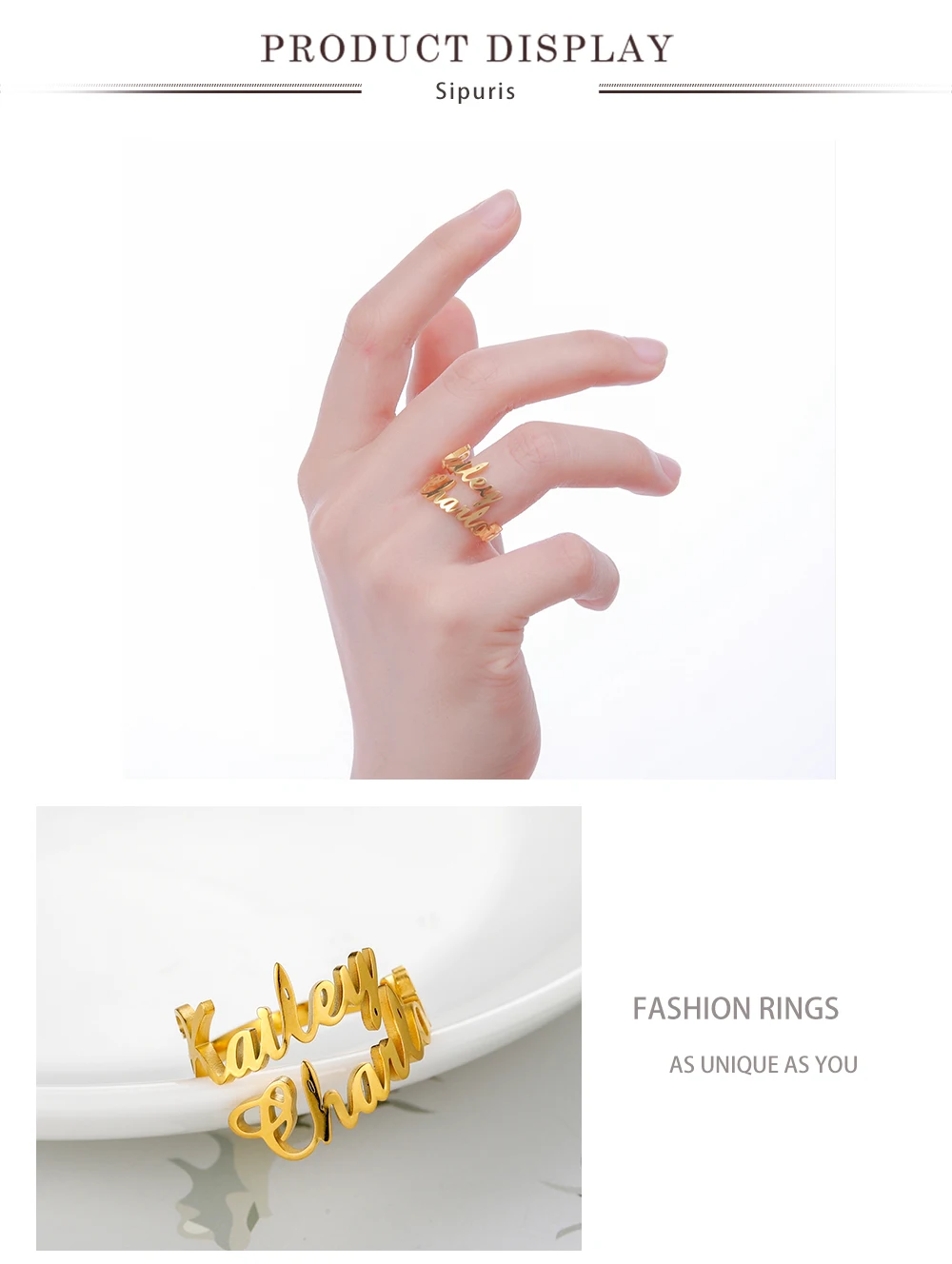 Sipuris Doppel-Namensring Personalisierter Namensring aus Edelstahl Zwei Namen Verstellbarer Personalisierter Damenring Einzigartiger Schmuck – Detail 9