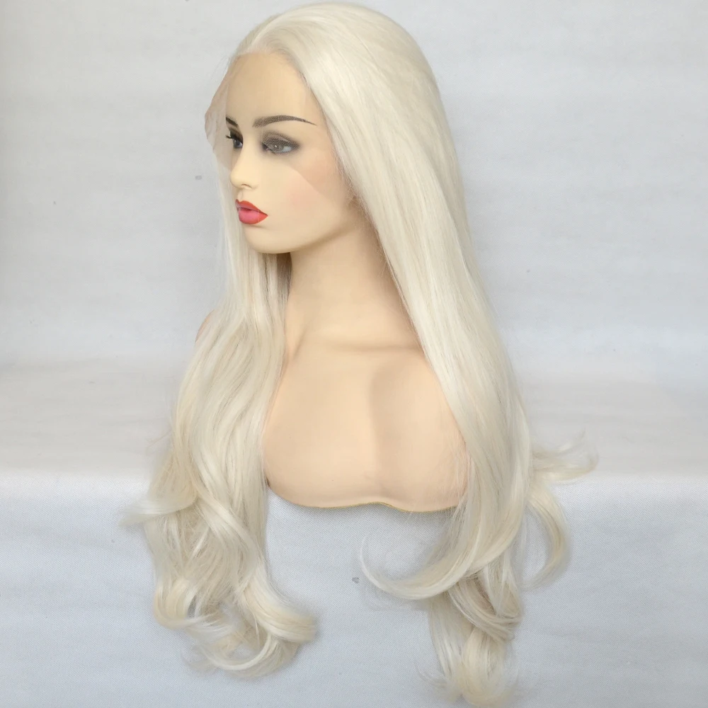 Voguequeen Platinum Blonde Synthetic Lace Front Wig Long Wave Hair Heat Resistant Fiber Natural Hairline For Women