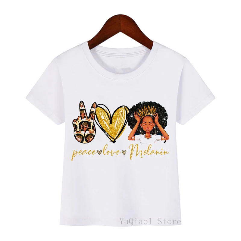 Peace Love Melanin Cute Little Afro American Black Girl Magic Kids T-Shirt Summer Top Children Basic Tshirt White T Shirt