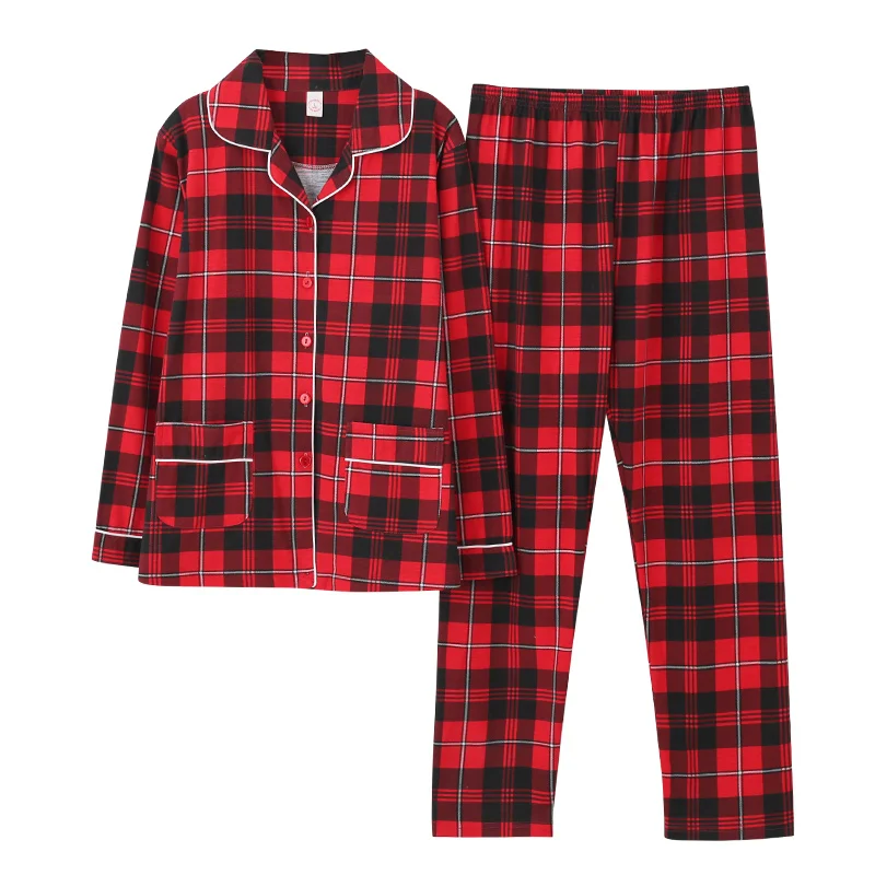 Women Plaid Nightwear Suit Autumn Festive Red Long Sleeve Princess Pajamas Casual Cardigan Homewear Big Yards M-3XL Pijama Mujer