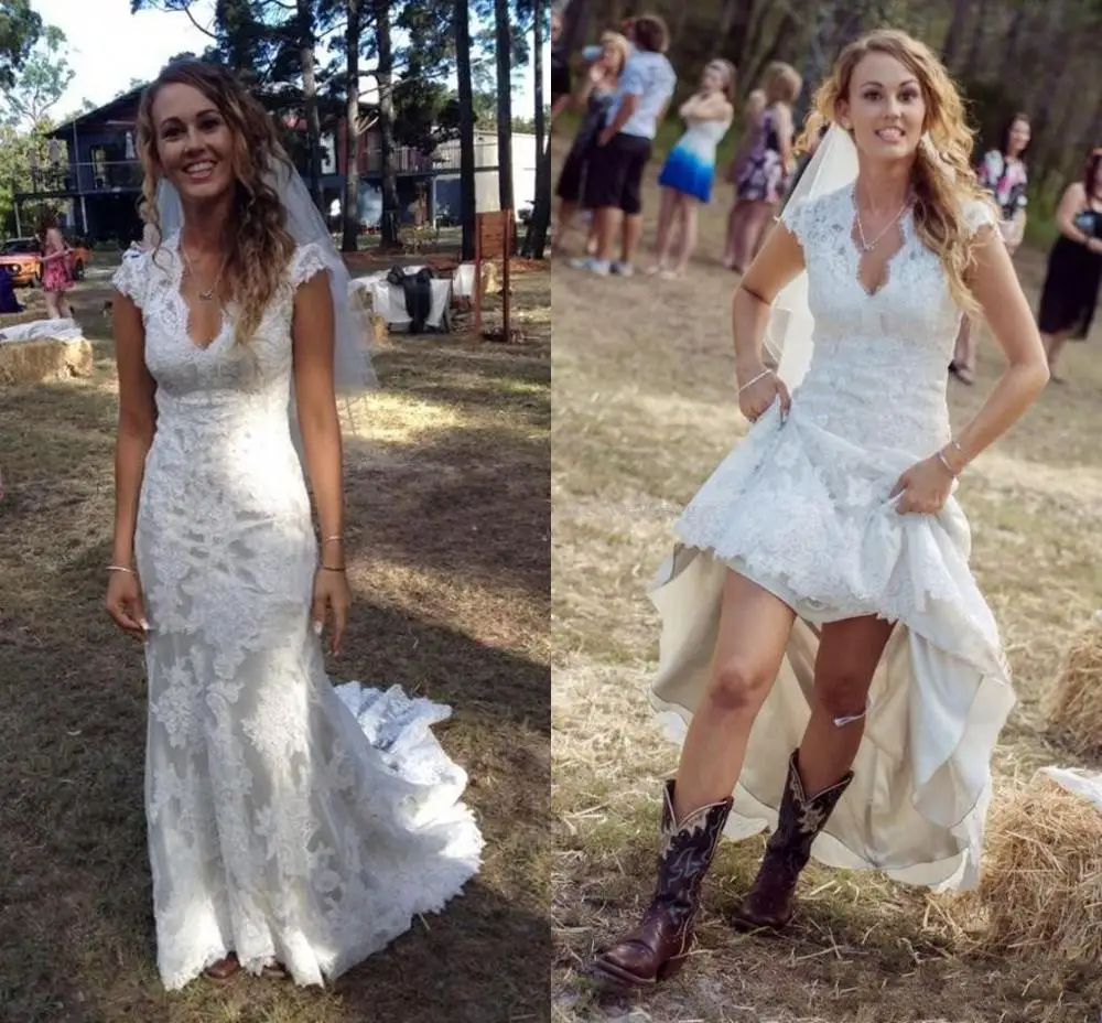 

Vintage Country Wedding Dresses V Neck Cap Sleeve Lace Wedding Dresses Cow Girls Backless Bridal Wedding Gowns Vestido De Novia