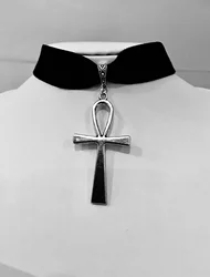 Silver plated Ankh pendant on a black velvet choker ribbon