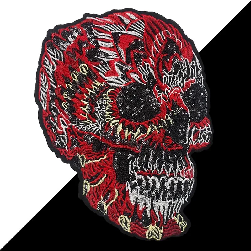 New Sequins Skull Head Embroidery Patches Sew On Applique Stickers For Clothes DIY Accessories Stripe