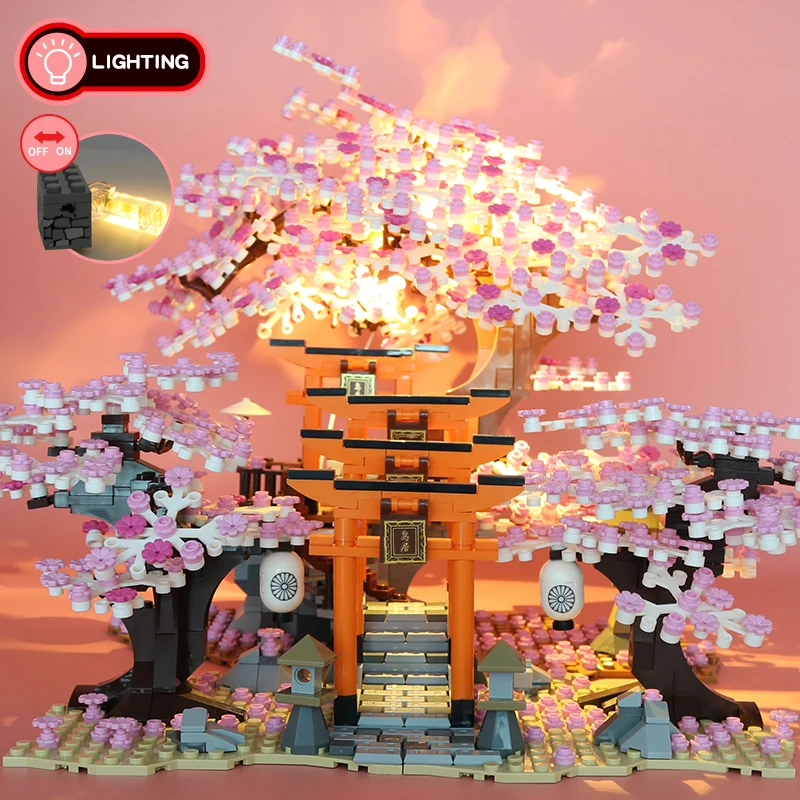 City Mini Street Building Blocks Japanese Fushimi Inari Shrine Sakura Model Classic MOC Kids Toys Children Gift