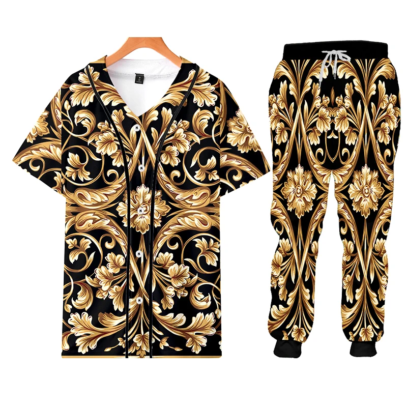 Luxury Tracksuit Men 3D Print Golden Pattern Baroque Men's Tracksuits Stand-up Collar Jacket Zip Hoodie Men Clothes Sweatshirt