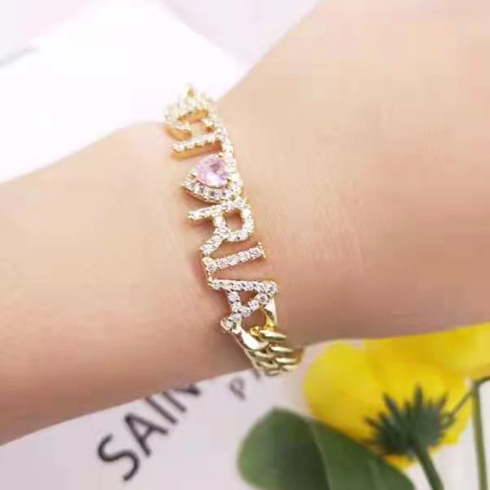 Custom Bracelets Name Bracelets Bangles for Women Men Bracelets Bangles with Thick Cuban Chain/Pink Stone Name Bangles Joy Gifts