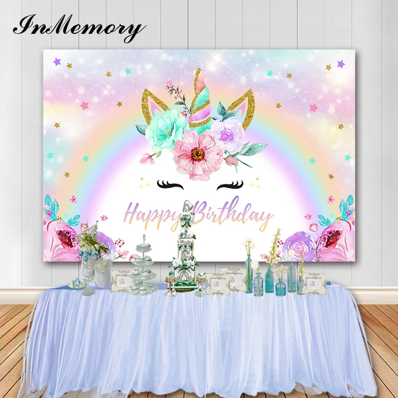 

InMemory Pink Unicorn Backgrounds Rainbow Flowers Girl Birthday Party Photography Backdrops Photo Studio Vinyl Banner Photocall