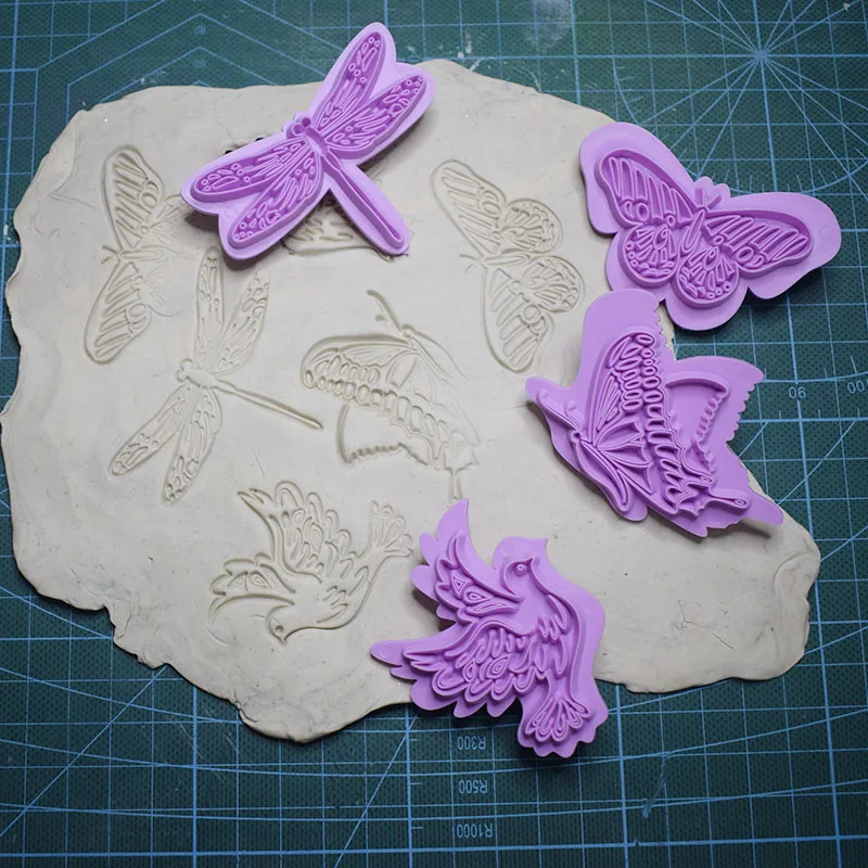 4pcs Dragonfly Butterfly Eagle Pattern Pottery Tools Embossing Press Stamp DIY Polymer Clay Jewelry Ceramic Modeling Texture