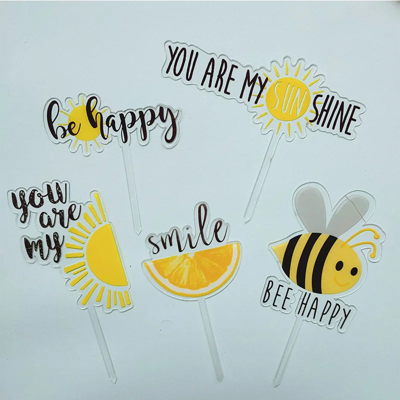 Sunshine Theme Acrylic Birthday Cake Toppers Bee Lemon Sun Cake Topper Kid Birthday Party Children's Day Baking Cake Decorations