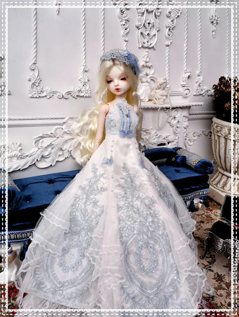 BJD doll clothes is suitable for 1/4 size white lace dress silk wedding dress set doll accessories