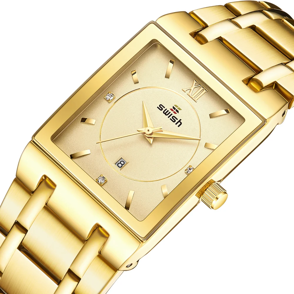 SWISH Luxury Golden Watches Women Creative Square Quartz Clock Women's Bracelet Watches Female Waterproof Clock Relogio Feminino