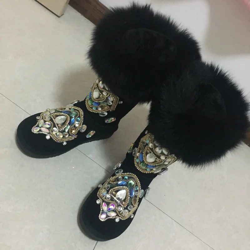 2021 Women Winter Warm Snow Boots Rhinestone Decoration Female Real Fur Ankle Boots Confortable Flat Shoes Slip On Rond Toe