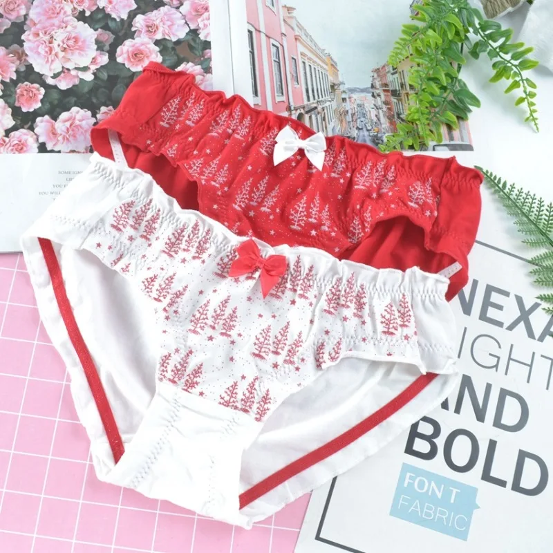 Japanese Style Cute Lovely Christmas Tree Cotton Women Panties Bow Flounced Low Waist Soft Seamless Female Underwear Breifs