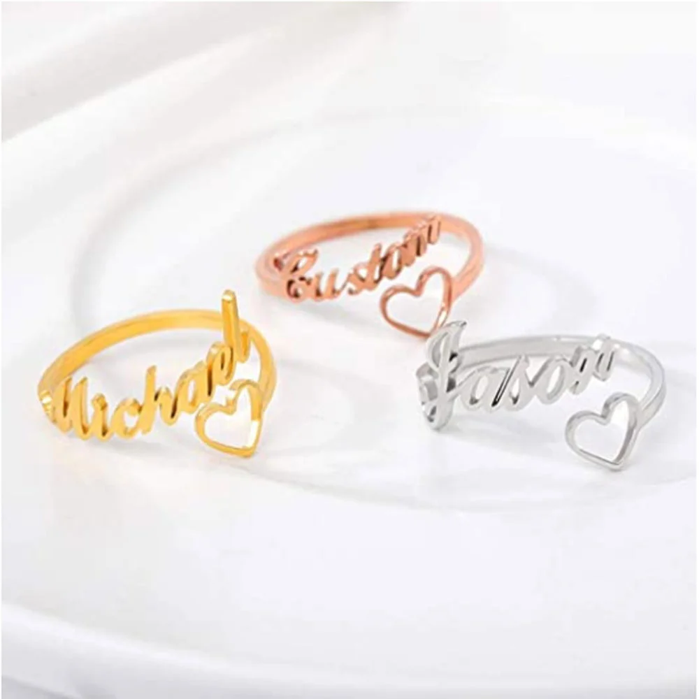 Personalized Custom Name Rings For Women Romantic Jewelry Stainless Steel Love Heart Adjustable Rings Wedding Couple Band Gift