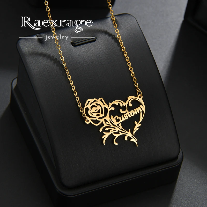 Raexrage Romantic Rose Heart Name Necklace for Love Stainless Steel Custom Nameplate Pendants Necklaces Personalized Jewelry