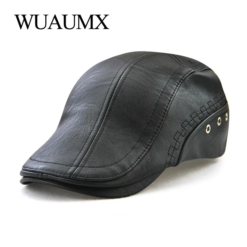 PU Leather Beret Hats for Men Autumn Winter Warm Peaked Caps Men\'s Berets Duckbill Visor Cabbie Ivy Flat Hat