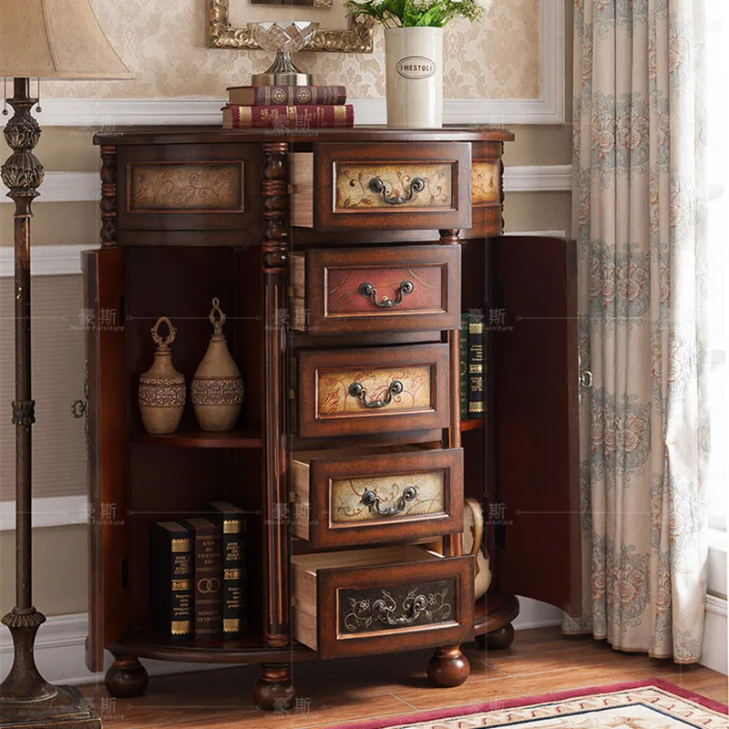 American Country Living Room Porch Cabinet Antique Old Five-bucket Two-door Cabinet Side Cabinet Simple Storage Locker New