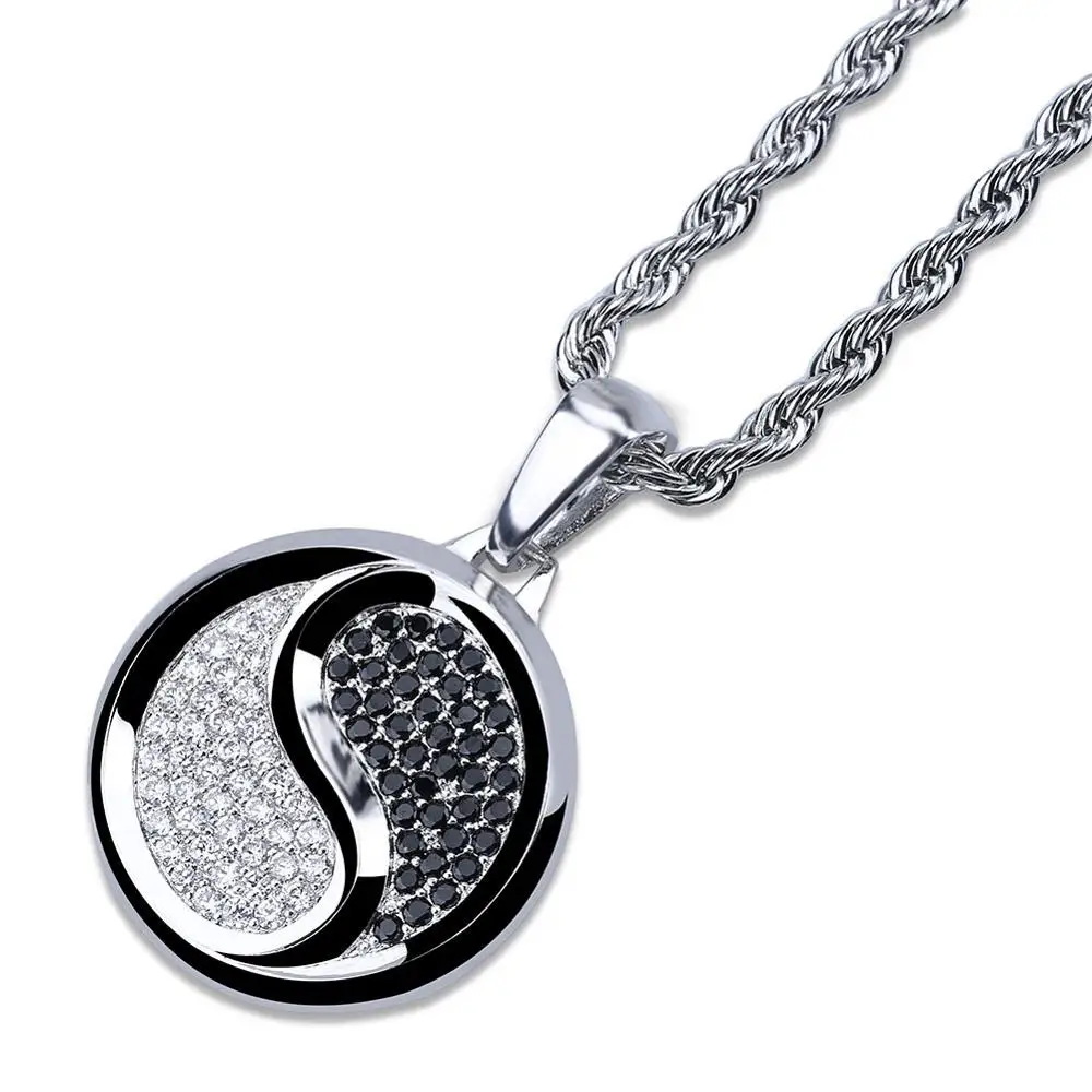 Hip Hop AAA CZ Zircon Paved Iced Out Bling Yin Yang Tai Chi Round Pendants Necklace for Men Rapper Jewelry Gold Silver Color