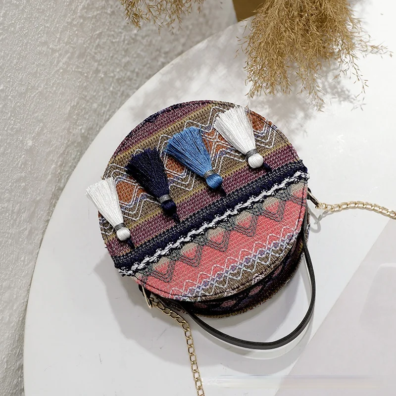 New Trendy Ethnic Style Woolen Cloth Portable Chain Mini Round Bag Fairy Tassel One-shoulder Messenger Bag