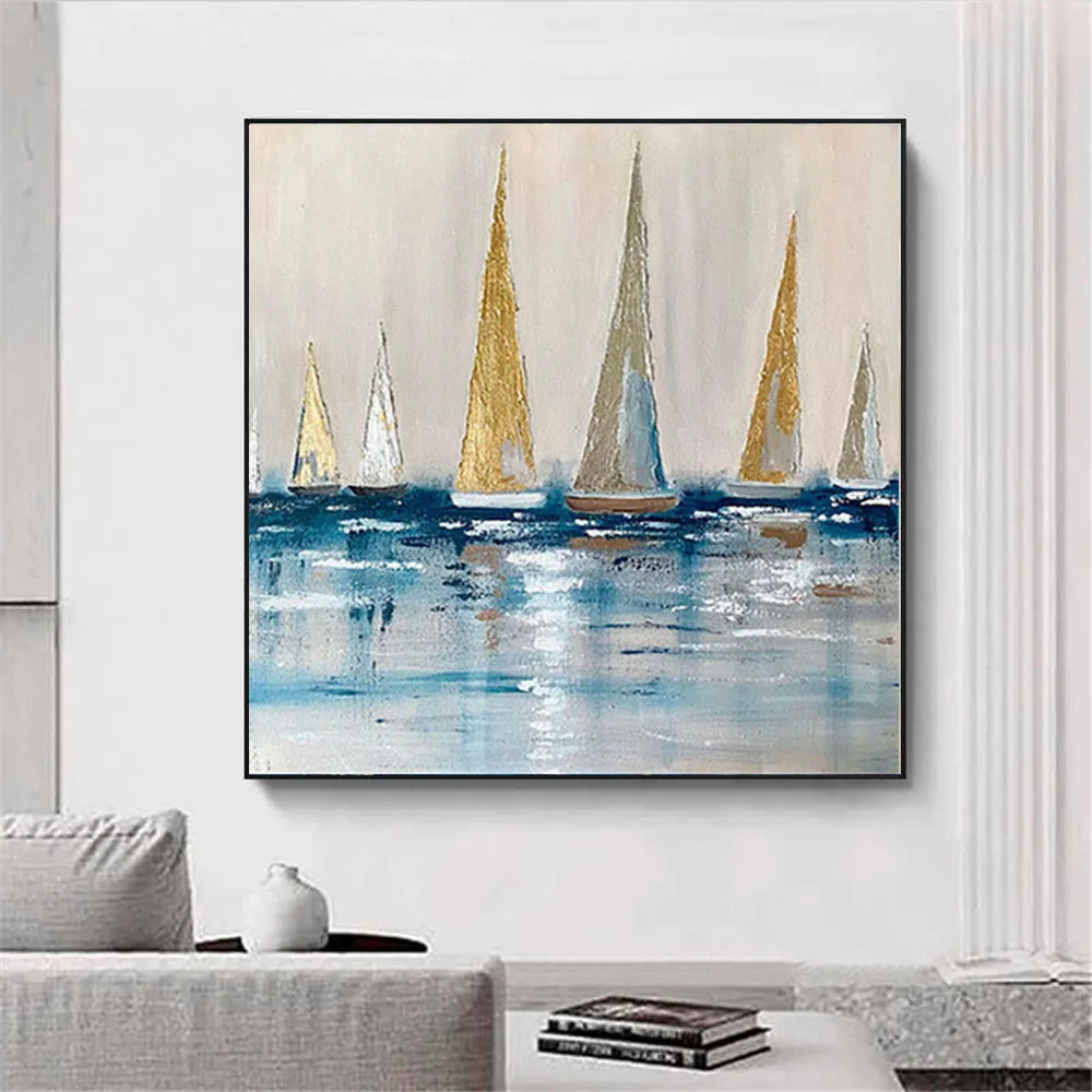 

Modern Hand Painted Abstract Oil Painting Boat Sailing Canvas Paint Wall Art Pictures For Living Room Decor Paintings Poster