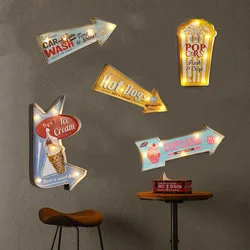 American Retro LED Neon Light Sign Vintage Metal Signs Restaurant Cafe Garage Shop Guide Sign Car Wash Popcorn Wall Decoration