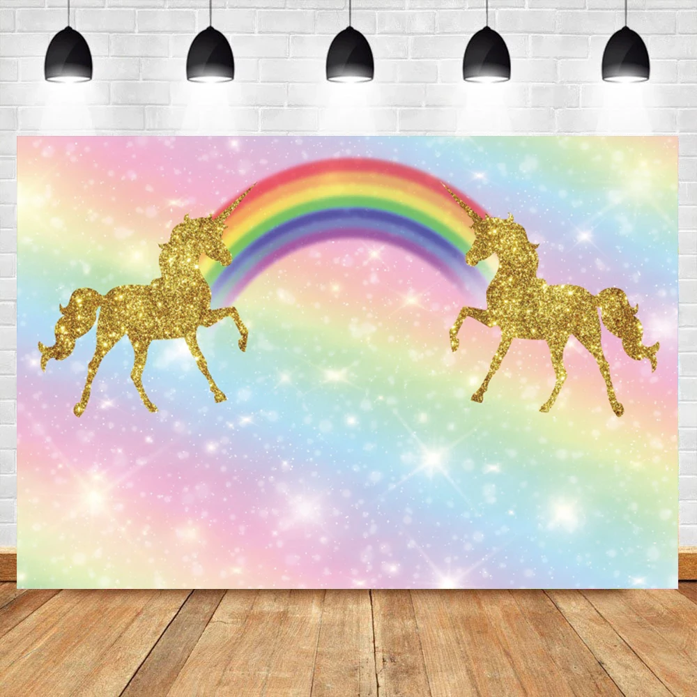 Laeacco Gold Unicorn Rainbow Birthday Backdrop For Photography Glitter Polka Dots Birthday Party Photo Background Photo Studio