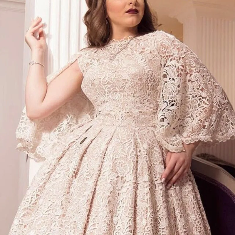 Gala Jurken Champagne Lace Arabic Jewel Neck Ruffle Middle East Ankle Length evening Prom gown plus size Bespoke Wedding Dresses