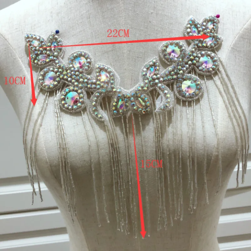 2pcs Beaded Crystal Rhinestone  Patches  with Fringe sew on clothes for Decoration DIY