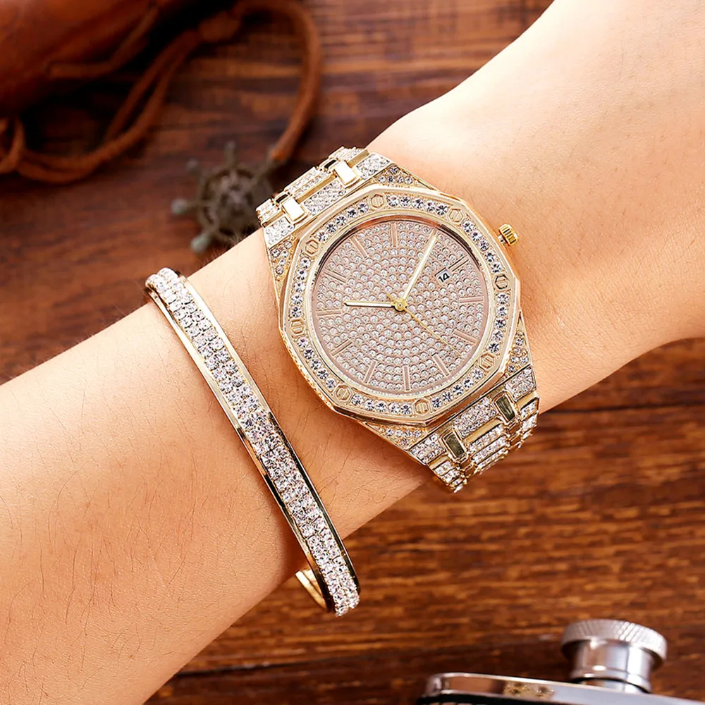 2pcs/set Watch + Bangle for Women Charm Bracelet Iced Out Watch for Women Hip Hop Luxury Gold Watch Set Jewelry Set Gift Relojes