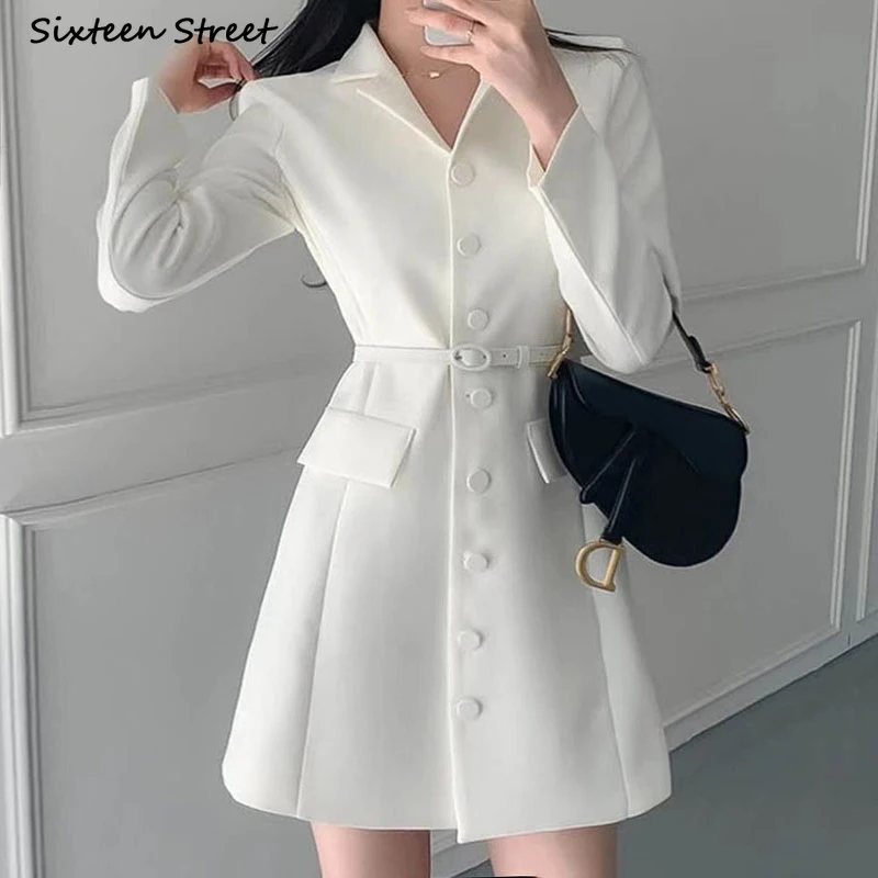 White Chic Blazer Dress Women Spring 2023  Turn-down Neck High Waist Bodycon Dress Office Ladies Business Korean Mini Dresses