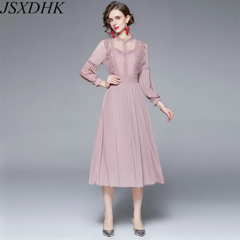 

JSXDHK 2021 New Autumn Pink Long Dress Elegant Women Stand Collar Chiffon Patchwork Lace Ruffles Slim Waist Female Dress Vestido